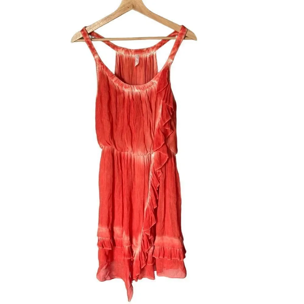 Free People Mini Dress Size S Orange White Tie-Dye Bohemian Ruffle Elastic Waist